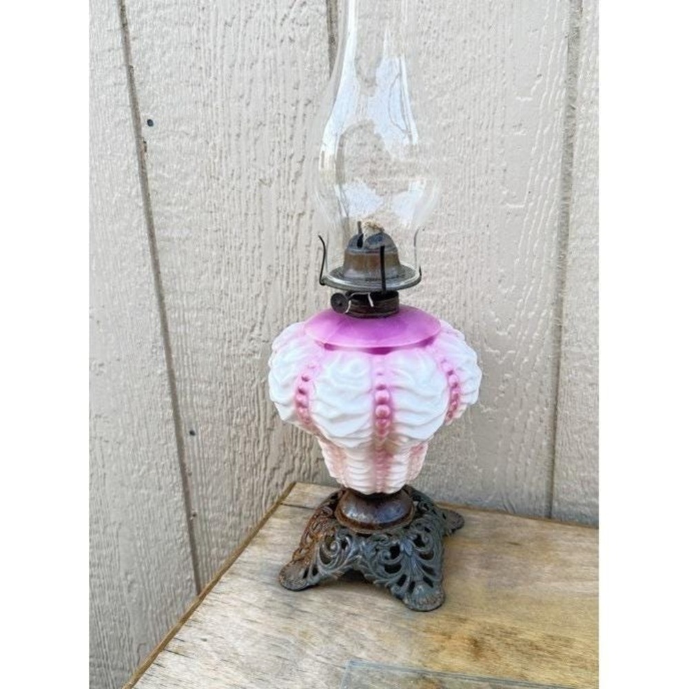Vintage‎ Antique Fenton Ruffle Pink Cranberry Oil Lamp